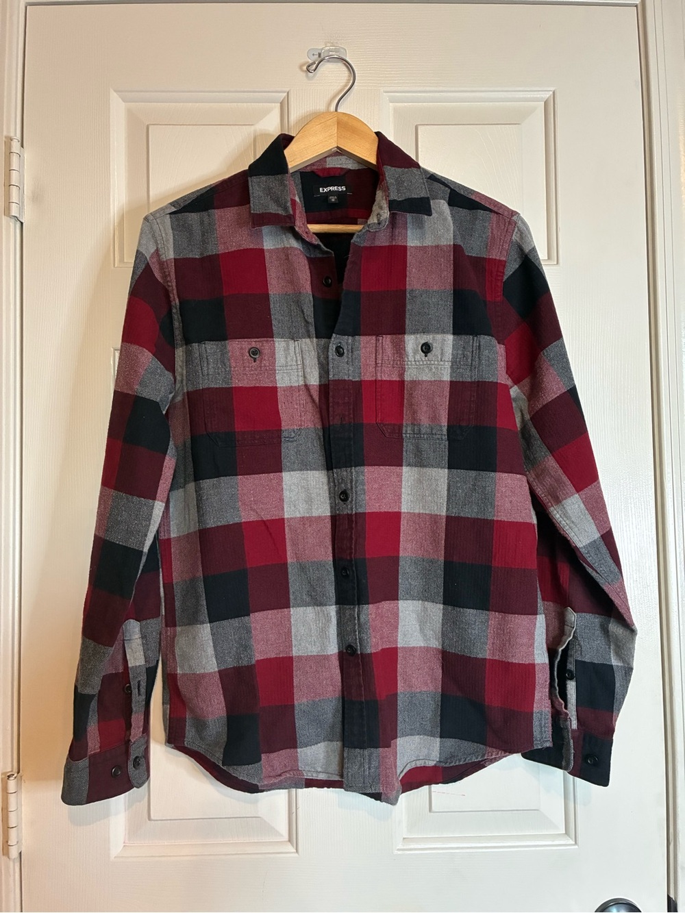 Express Men's Red, Gray and Black Plaid Button-Down Shirt